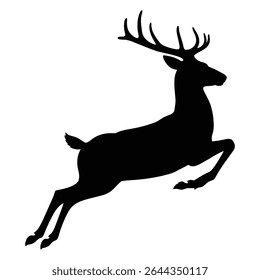 A black silhouette of a deer in mid-leap against a white background The deer is depicted with detailed antlers and its legs extended in motion. The image is simple yet striking in its stark contrast.