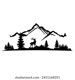 Black silhouette of a Deer in mountain with nature vector illustration