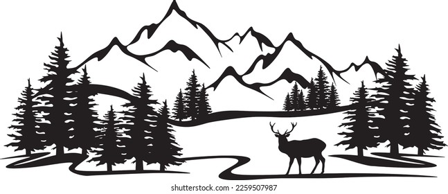 Black silhouette of deer mountains and forest fir trees camping landscape panorama illustration icon vector for logo, isolated on white background