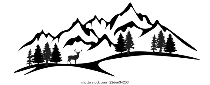 Black silhouette of deer mountains and forest fir trees camping landscape panorama illustration icon vector for logo, isolated on white background	
