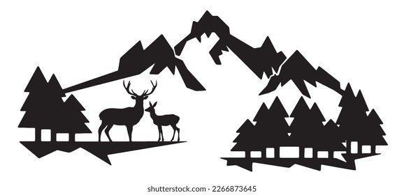 Black silhouette of deer mountains and forest fir trees camping landscape panorama illustration icon vector for logo, isolated on white background