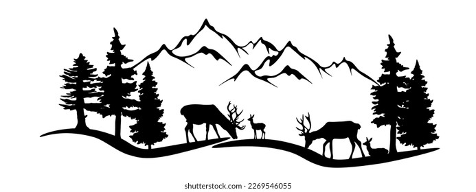 Silueta negra de montañas de ciervos y árboles de abetos forestales acampar ilustración panorámica vectorial para logo, aislado en fondo blanco