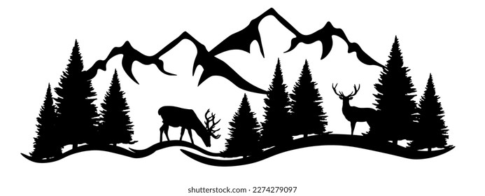 Silueta negra de montañas de ciervos picos y árboles de abetos forestales acampar paisaje ilustración de icono para logo, aislado en fondo blanco