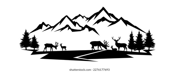 Black silhouette of deer mountains peaks and forest fir trees camping landscape mountain peak panorama illustration icon vector for logo, isolated on white background	
