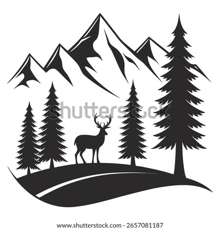 Black Silhouette Deer Mountains Pine Trees Minimalist Graphic
