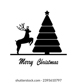 Black silhouette of a deer near a Christmas tree. Merry Christmas.