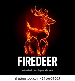 A black silhouette deer with realistic fire flames effect on black background, accompanied by sparks