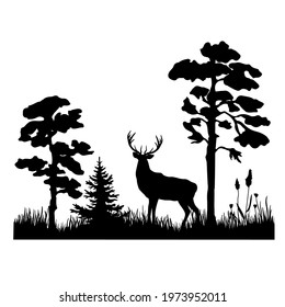 A black silhouette of a deer standing among the trees on the grass. Vector illustration of a forest with pine tree.