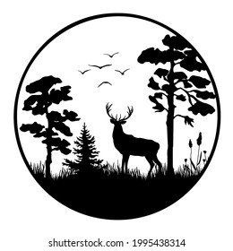 A Black Silhouette Of A Deer Standing Among The Trees On The Grass. Vector Illustration Of A Forest With Pine Tree In Circle.