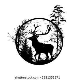 A black silhouette of a deer standing among the trees on the grass. Vector illustration of a forest with pine tree in circle.