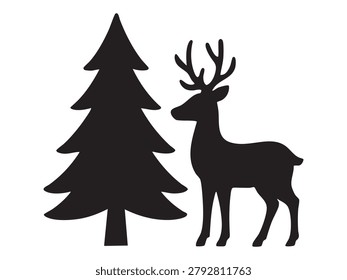 Black silhouette of deer standing beside pine tree, isolated on white background. concept of wildlife, nature, forest animal, holiday symbol, christmas, winter decor, design element.