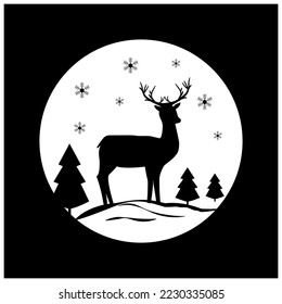 Black silhouette of a deer, tree in a white circle. Monochrome template for prints, card, poster, banner. Illustration for logo, banner, tattoo, etc. Vector illustration