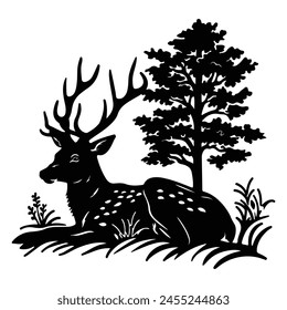 Black Silhouette of a Deer under a tree plant nature design outline thick view isolated white background