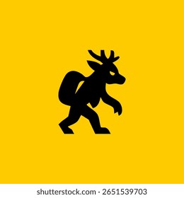 Black silhouette of a deer-like creature carrying a pack, on a yellow background