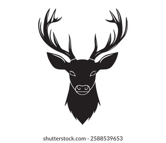 Black silhouette of deer's head isolated on white background. Vector illustration. Deer head logo