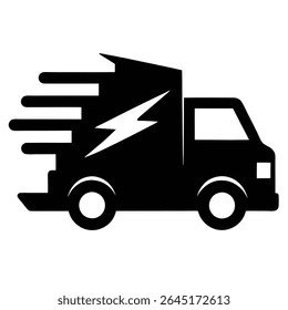 Black silhouette of a delivery truck with a white lightning bolt graphic speeding to the right against a white background. The style is simple and minimal vector art.