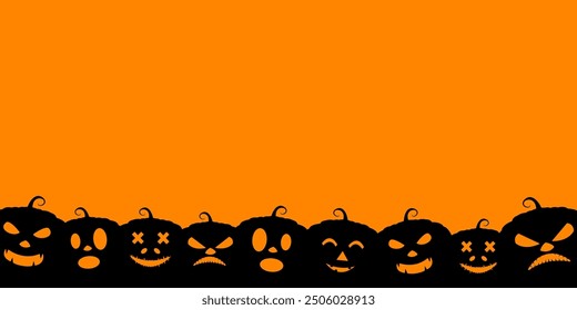 Black silhouette of a demon face pumpkin on an orange background. Halloween banner. Jack o lantern.