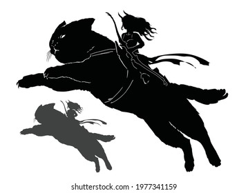 A black silhouette of a demon girl with horns, long hair, and a bow, she flies astride a huge fluffy cat. 2d illustration