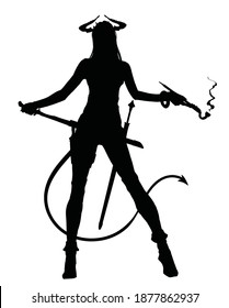 The black silhouette of a demon warrior standing in a vulgar pose and smoking a pipe, she is ready for a fight and takes out a blade from behind her back, she has a long wriggling tail. 2d 