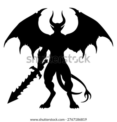 A black silhouette of a demonic creature with horns, bat-like wings, and a menacing sword, standing ready for battle.