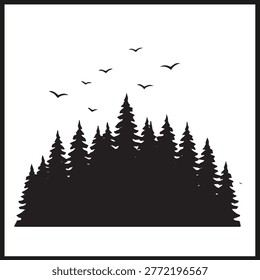 Black silhouette of dense evergreen forest with flying birds