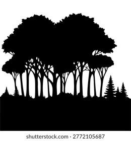 A black silhouette of a dense forest featuring a variety of trees and undergrowth, set against a white background.