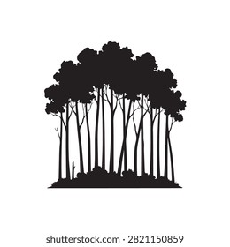 Black silhouette of a dense forest grove with tall trees and thick undergrowth, isolated on a white background, for nature-themed use