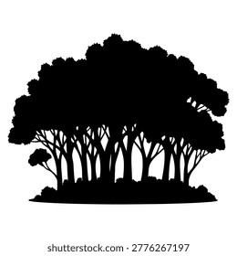 A black silhouette of a dense forest with numerous trees and foliage.