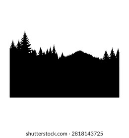 Black silhouette of a dense forest with tall trees and foliage, set against a stark white sky, emphasizing natural landscape and wilderness scenery.