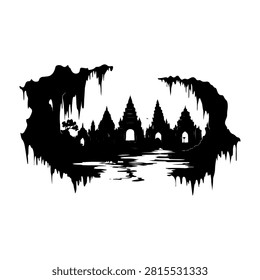 Black silhouette of a dense forest with a temple or shrine, reflected in water, creating a mysterious and tranquil scene.