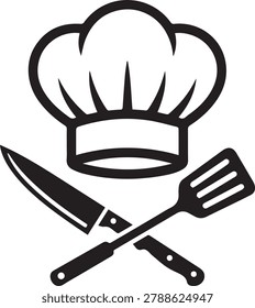 A black silhouette depicting a chef's hat with a crossed knife and spatula, isolated on a white background.