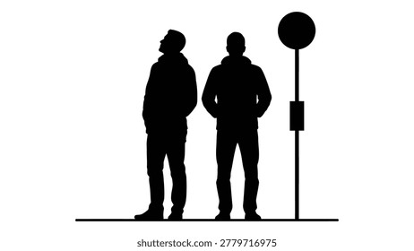 A black silhouette depicting two men standing near a bus stop sign against a white background.