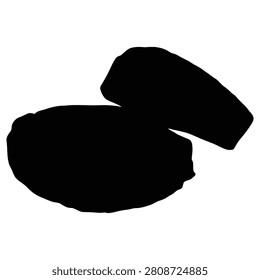 A black silhouette depicting two round, flat pieces of bread stacked on of each other, isolated on a white background for use.