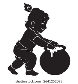 a black silhouette depicts baby krishna reaching into a pot of butter cream, with a peacock feather in his hair. vector illustration.