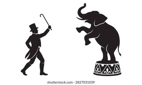 A black silhouette depicts a circus ringmaster with a cane and an elephant standing on a pedestal. The image is