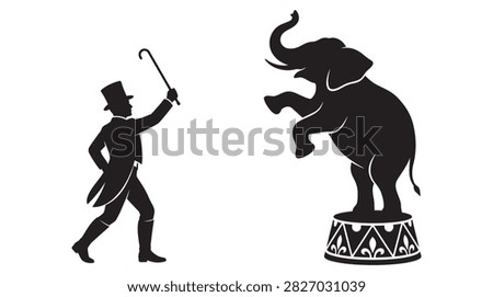 A black silhouette depicts a circus ringmaster with a cane and an elephant standing on a pedestal. The image is