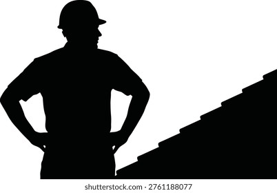 A black silhouette depicts a construction worker with hands on hips, standing next to a staircase outline.