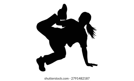 A black silhouette depicts a dancer in a dynamic pose against a plain white background. The figure is shown mid-movement, with a visible ponytail.