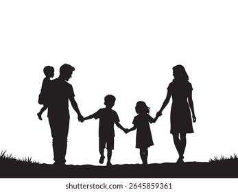 A black silhouette depicts a family of five walking across a grassy area.