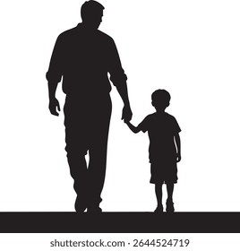 A black silhouette depicts a father holding his son's hand while walking together on a white background.
