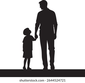 A black silhouette depicts a father holding hands with his child, looking down at them with affection.