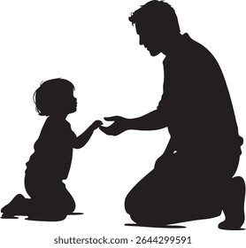 A black silhouette depicts a father kneeling and holding hands with his child, both looking at each other with love.