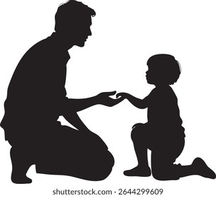 A black silhouette depicts a father kneeling, gently holding his child's hand. The image conveys love, care, and connection.