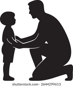 Uma silhueta preta retrata um pai ajoelhado e de mãos dadas com seu filho pequeno, mostrando carinho e cuidado.