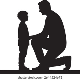 Uma silhueta preta retrata um pai ajoelhado para falar com seu filho, criando uma cena emocionante e íntima.