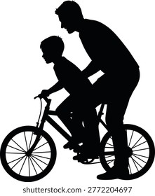 A black silhouette depicts a father lovingly teaching his young son how to ride a bicycle. This image evokes feelings of joy, guidance, and the special bond between a father and child, perfect for Father's Day.