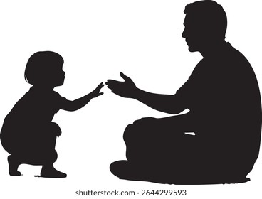 Uma silhueta preta retrata um pai sentado de pernas cruzadas, alcançando seu filho, que está agachado e estendendo a mão.