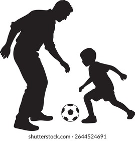 A black silhouette depicts a father and son playing soccer together, showing a moment of bonding through sport.