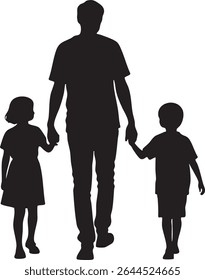 A black silhouette depicts a father walking forward, holding hands with his daughter and son on either side.