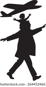 A black silhouette depicts a father walking with his child on his shoulders, an airplane above them.